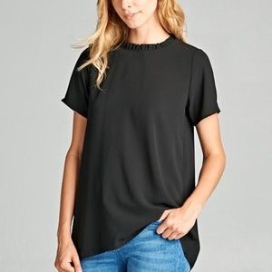 Black Ruffle Neckline short sleeve casual Top
